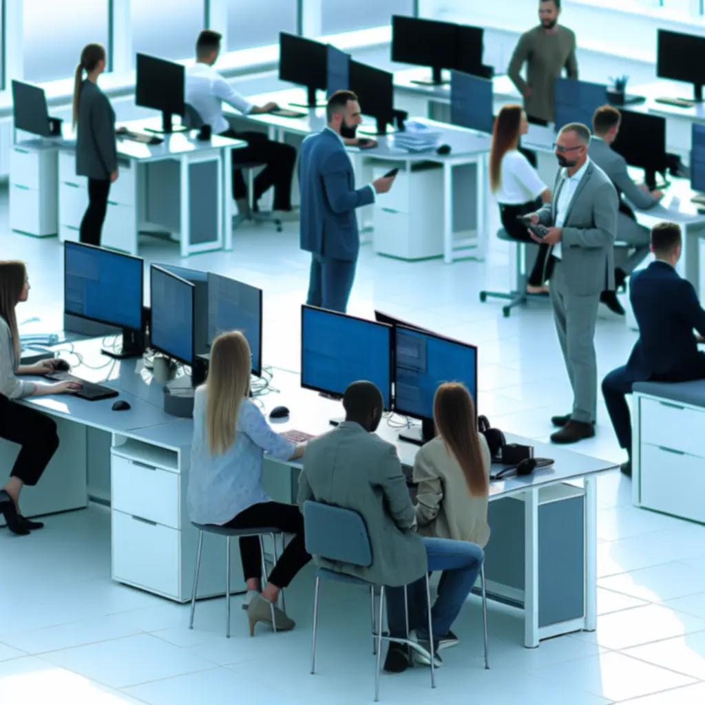 Nowoczesne biuro z zespołem IT nadzorującym infrastrukturę firmową