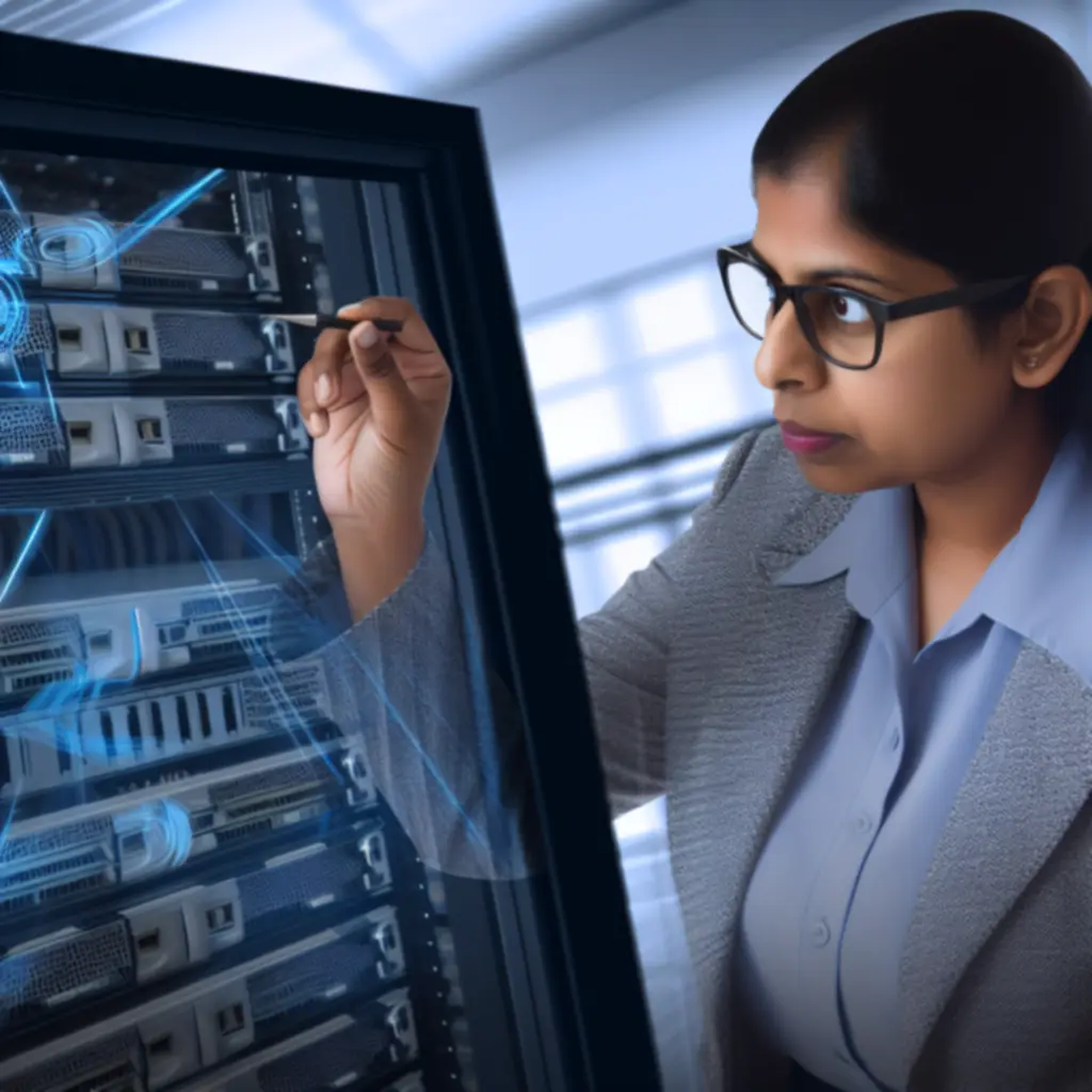 Specjalista IT wykonujący prace konserwacyjne przy serwerze firmowym