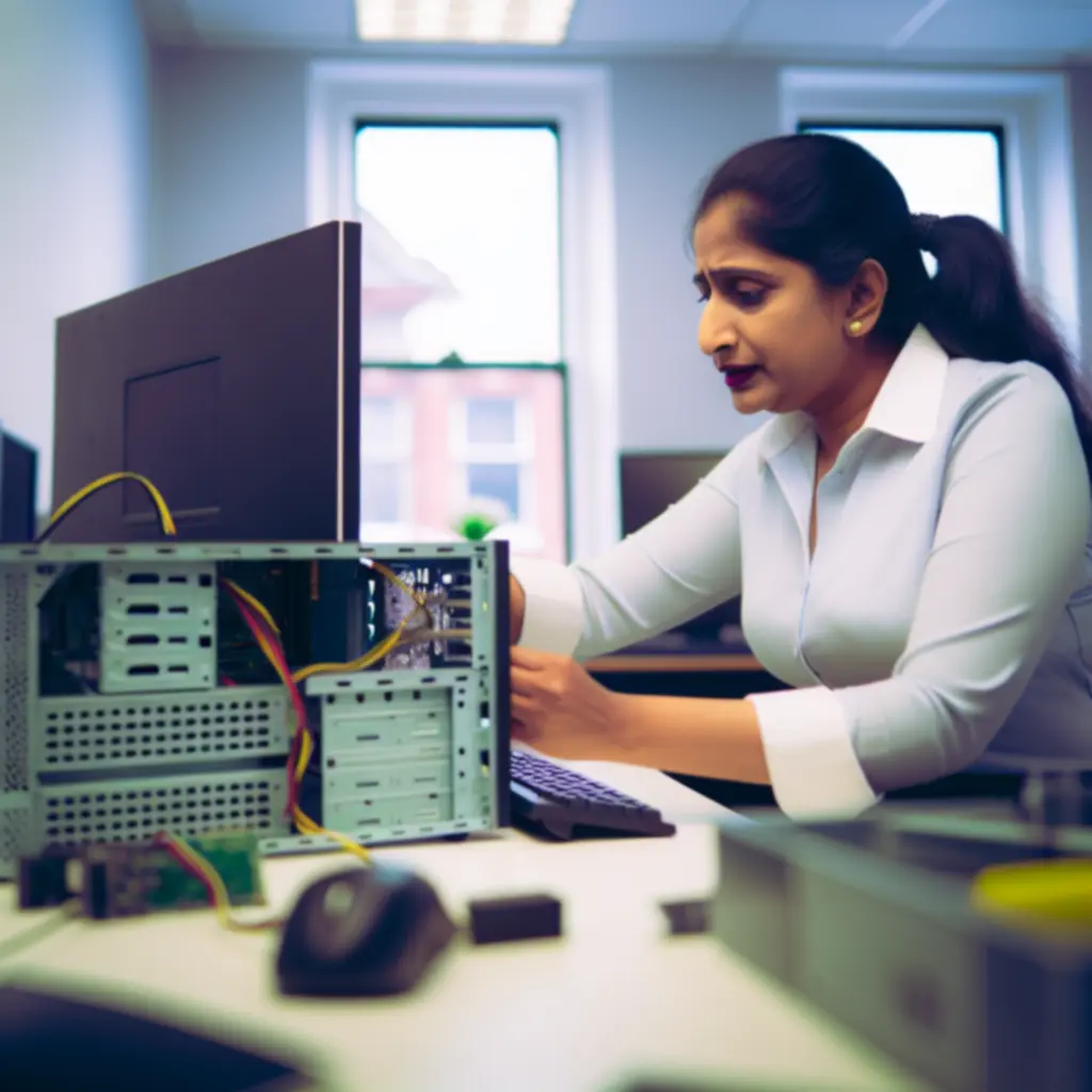 Technik IT wykonujący prace serwisowe przy komputerze w biurze